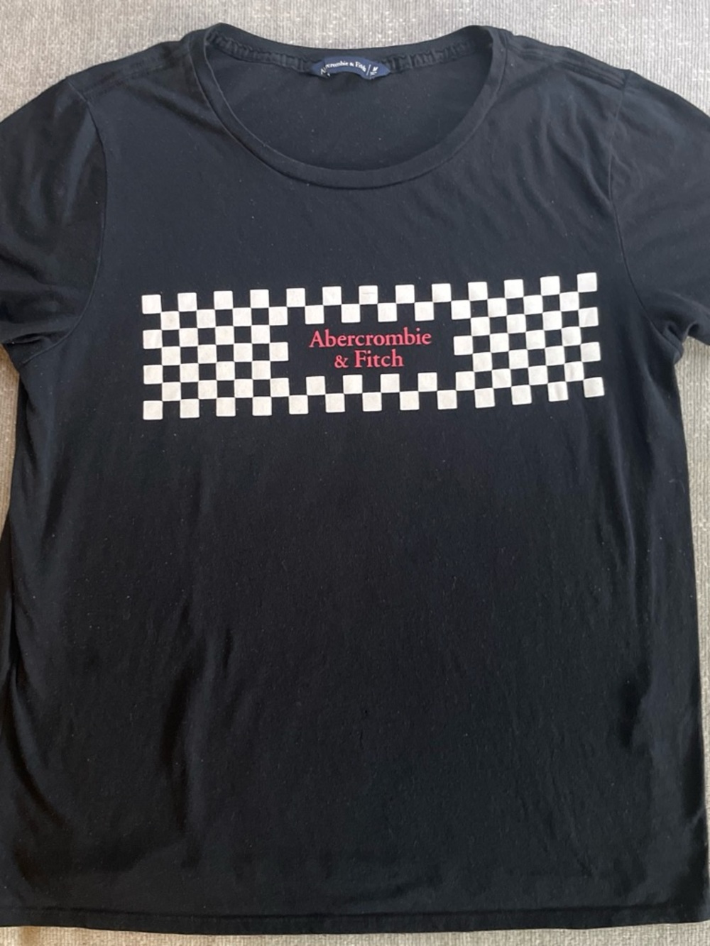 Abercrombie & Fitch Black Tee with White Checkerboard and Red Logo